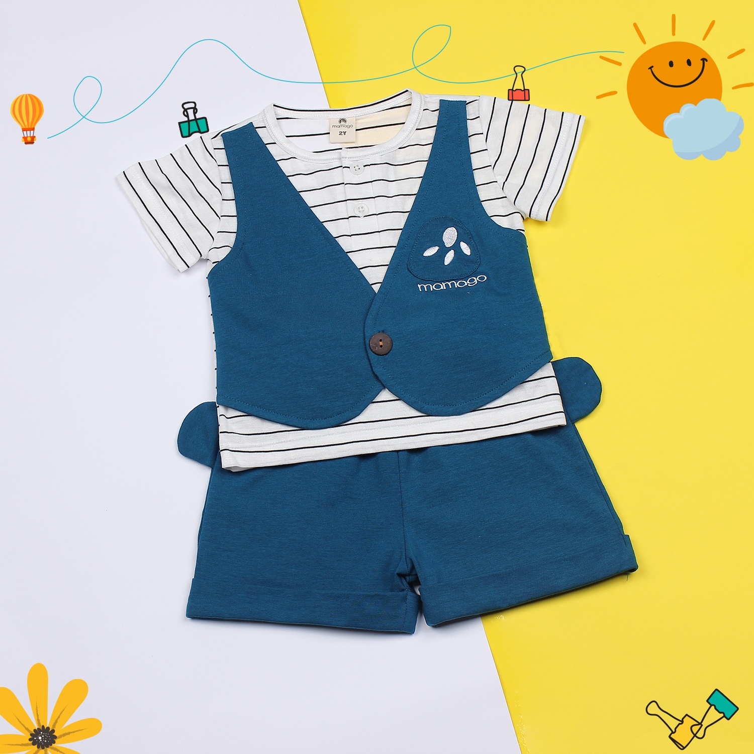 Bộ quần áo gile cho bé trai cotton cộc tay Mamago M19 (Xanh) hình 1