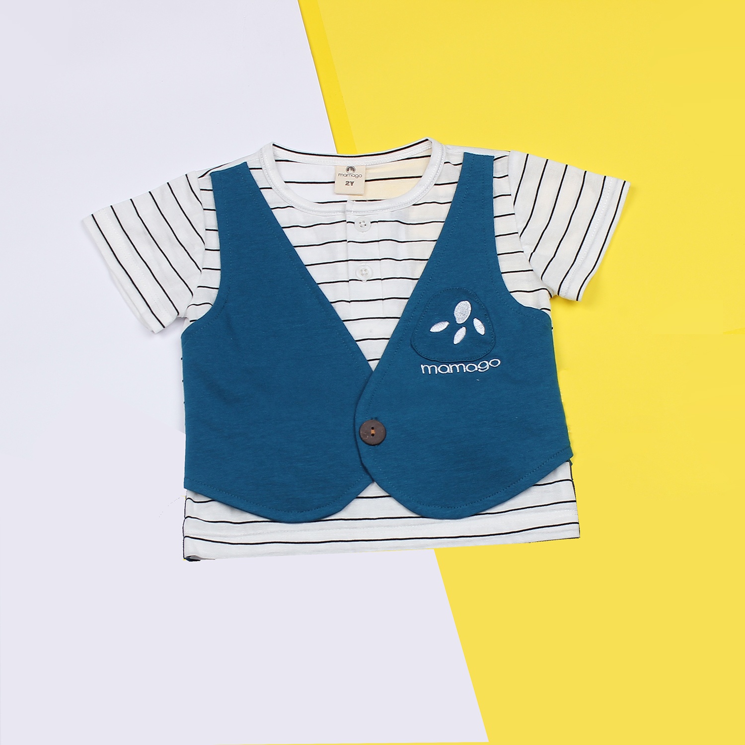 Bộ quần áo gile cho bé trai cotton cộc tay Mamago M19 (Xanh) hình 2