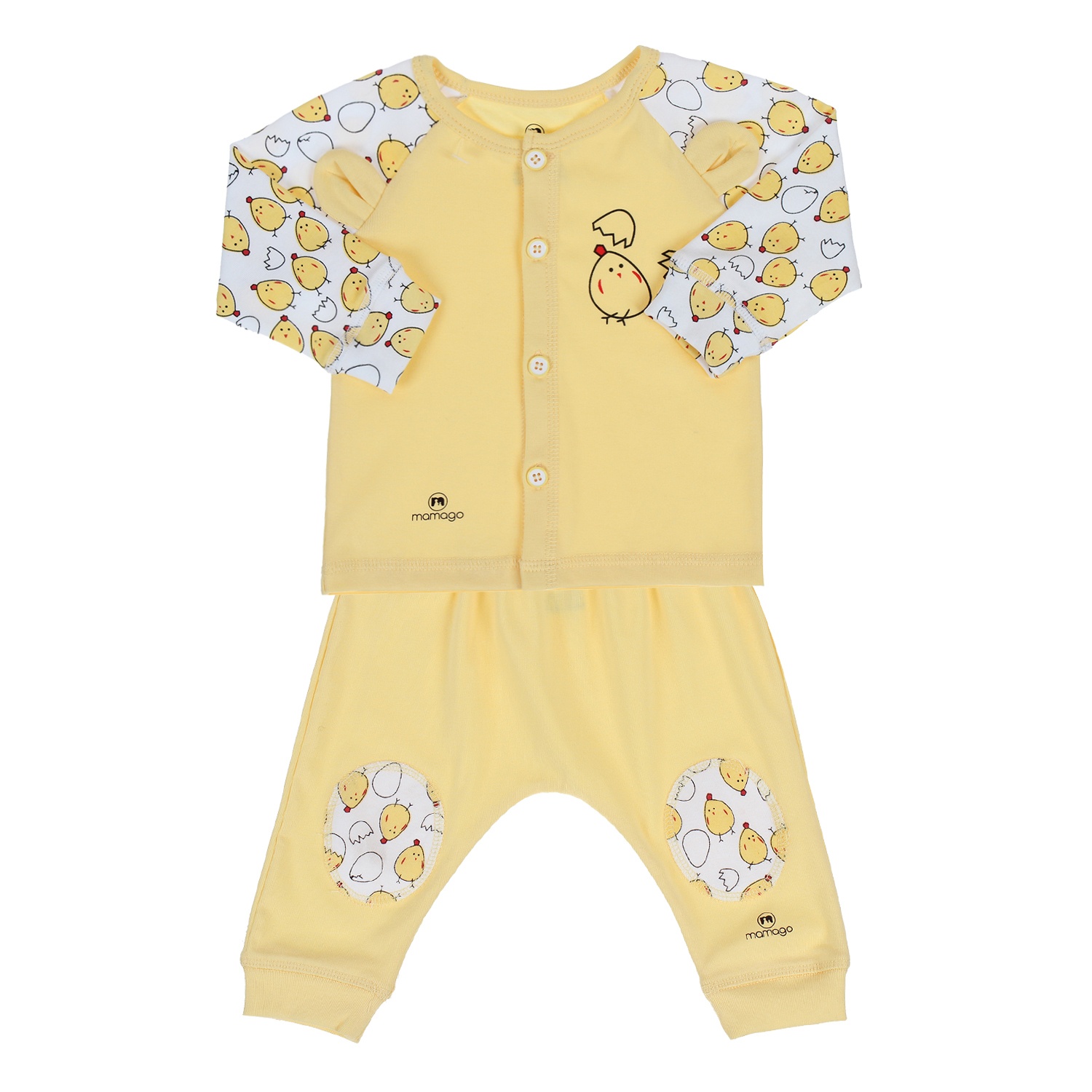 Bộ quần áo sơ sinh cài giữa in hình gà con ở tay áo Mamago Vàng hình 4