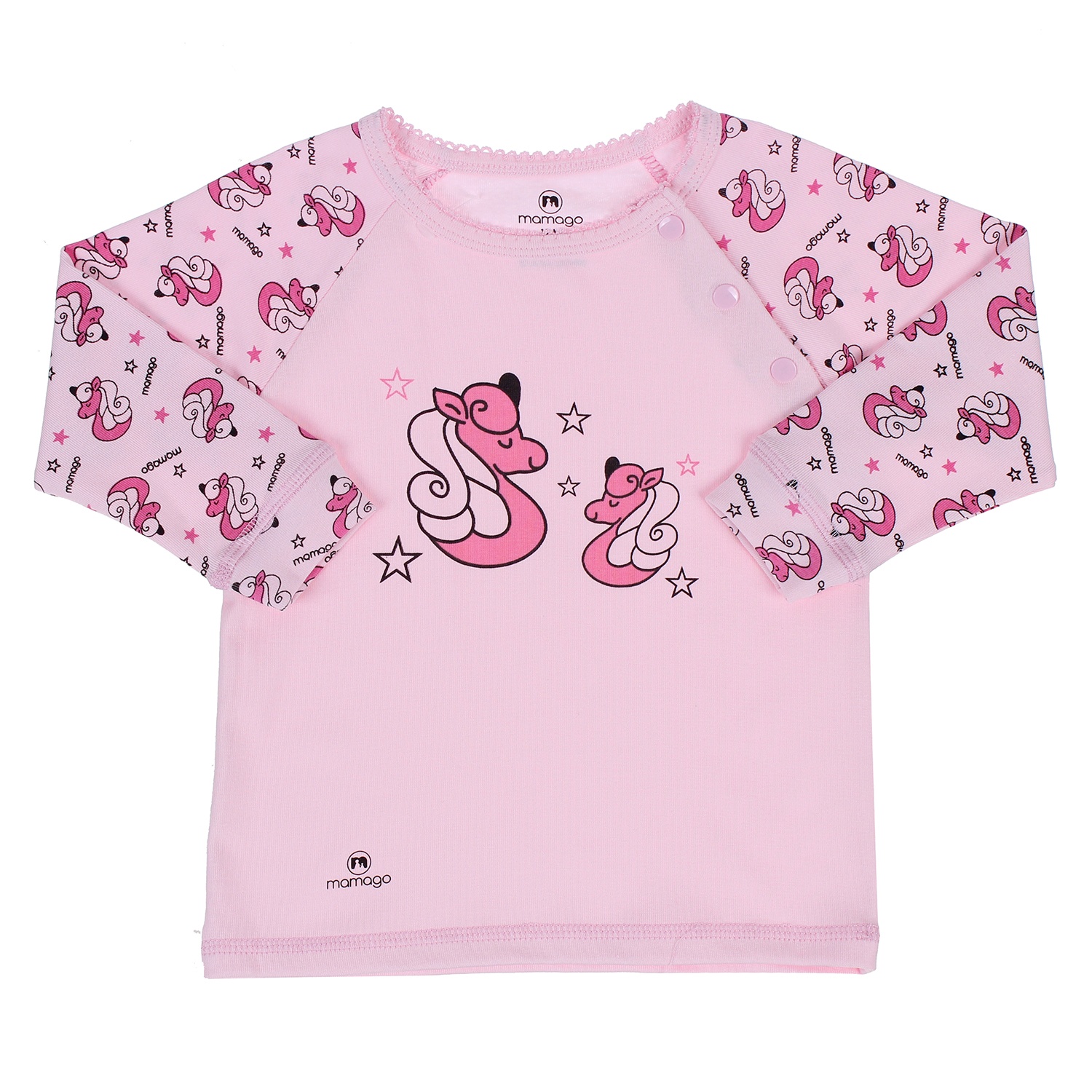 Quần áo sơ sinh cài vai in hình chú ngựa tay Mamago Hồng hình 1