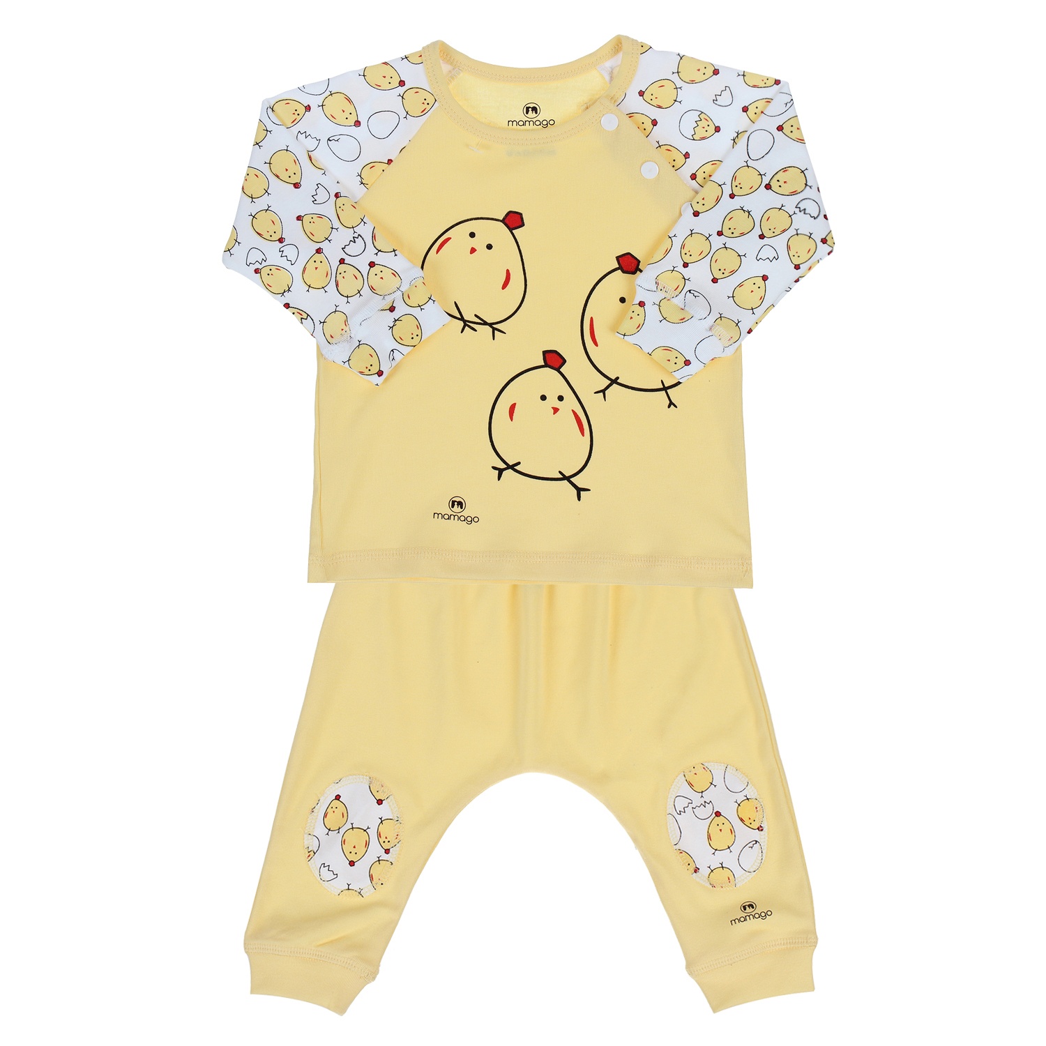 Bộ quần áo sơ sinh cài vai in hình gà con ở tay áo Mamago Vàng hình 4