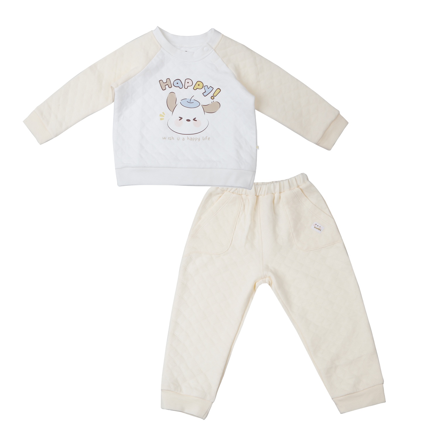 Bộ quần áo trần bông cài vai KidsPlaza M25D (Trắng vàng)