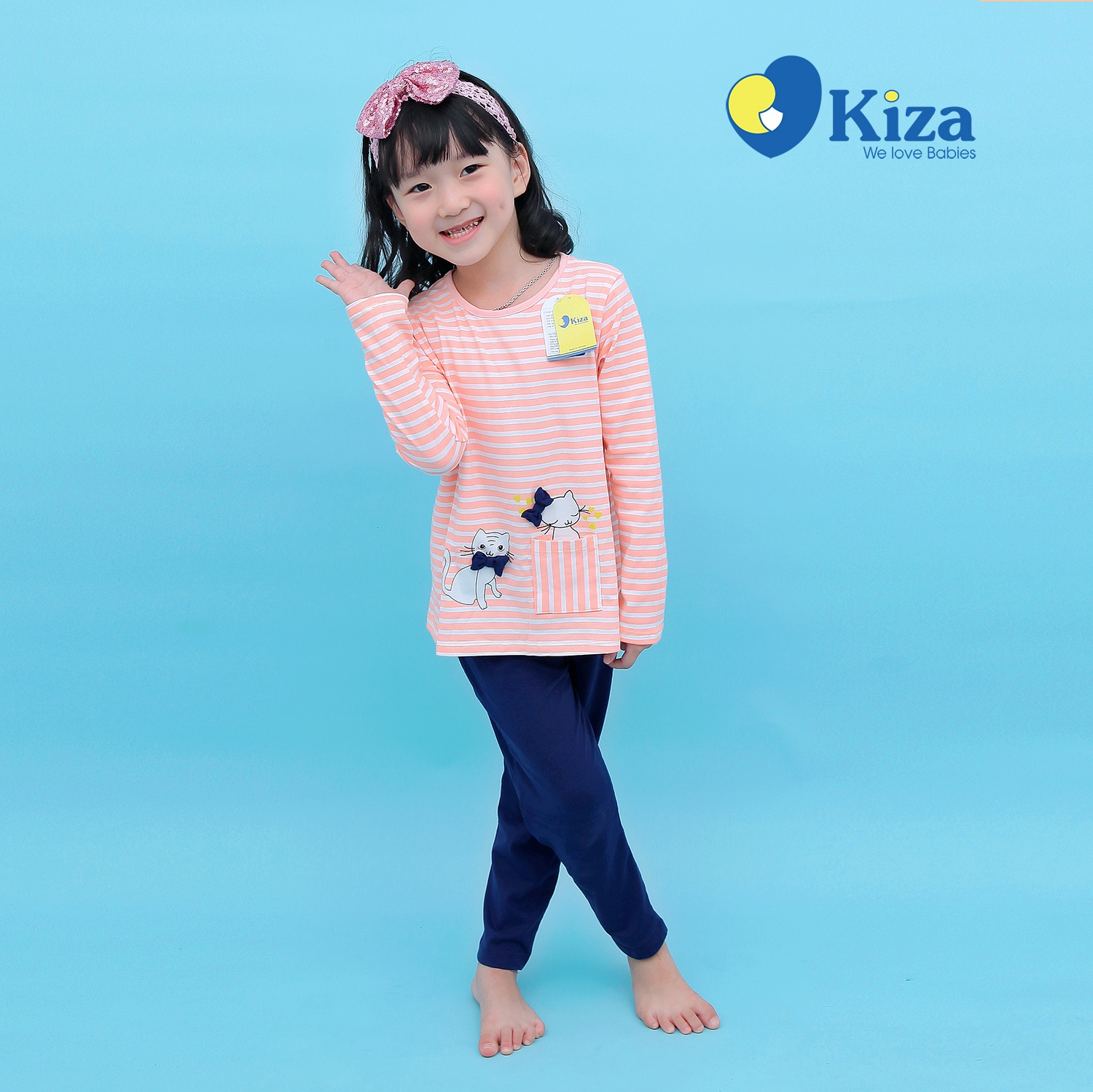 Bộ tay dài bé gái in hình 2 chú mèo đeo nơ Kiza (Cam) hình 1