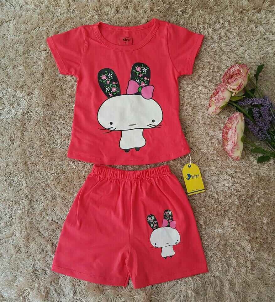 Bộ tay ngắn bé gái Kiza in hình chú thỏ cài nơ đáng yêu (màu đỏ) hình 1