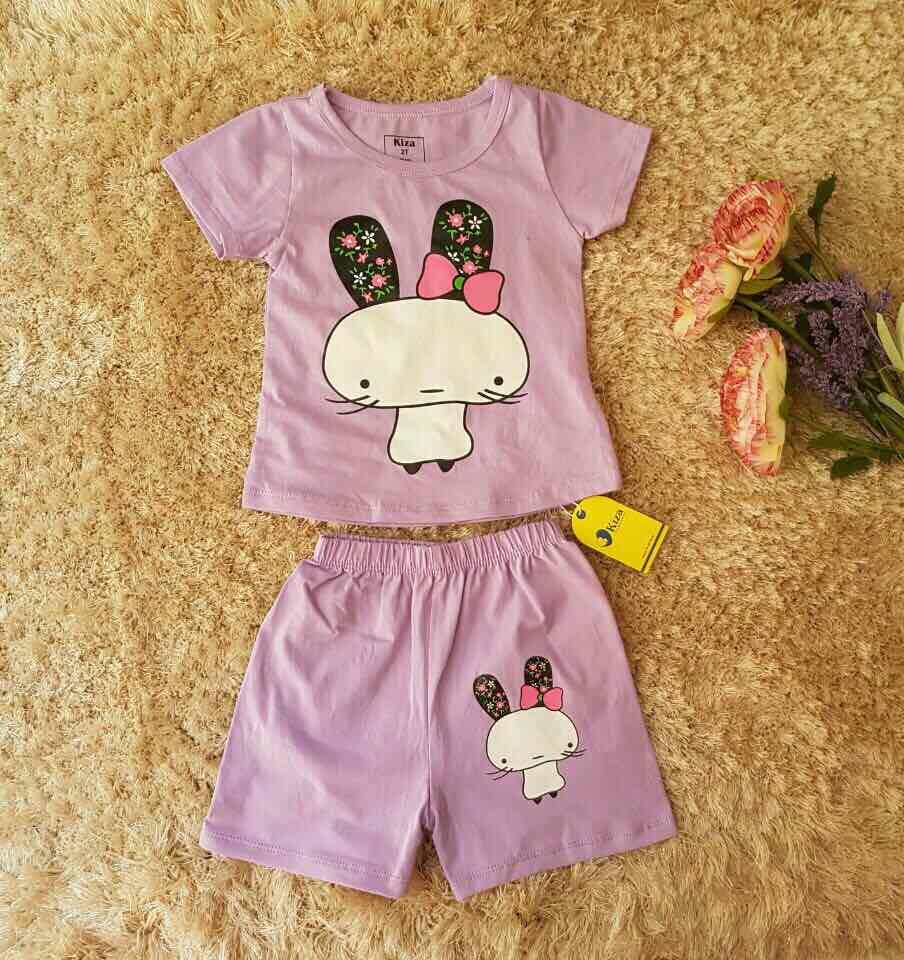 Bộ tay ngắn bé gái Kiza in hình chú thỏ cài nơ đáng yêu (màu tím) hình 1