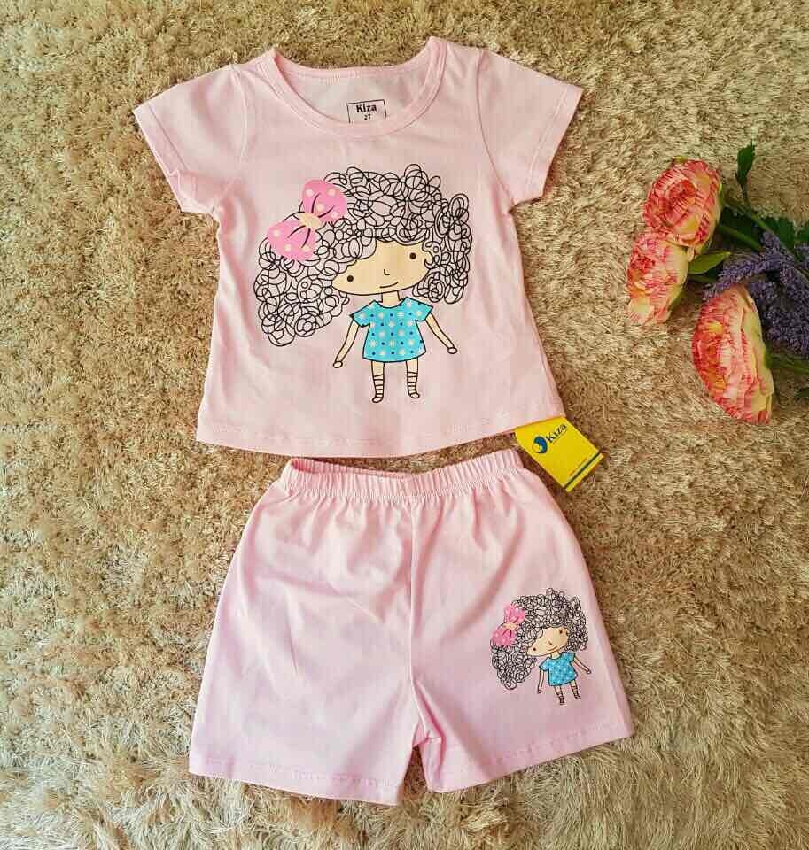 Bộ tay ngắn bé gái Kiza in hình cô bé tóc xù xinh xắn (màu hồng sen) hình 1