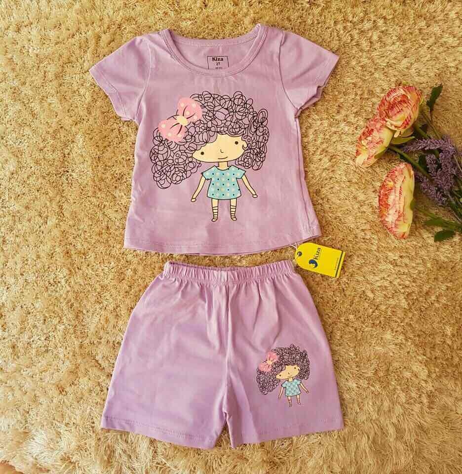 Bộ tay ngắn bé gái Kiza in hình cô bé tóc xù xinh xắn (màu tím) hình 1