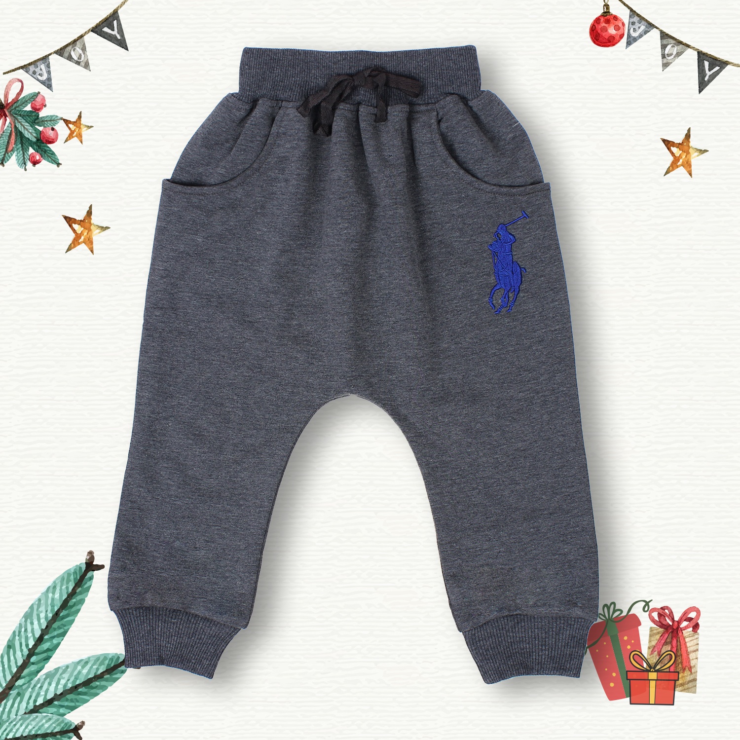 Quần cotton nỉ bé trai thêu ngựa (Xám) hình 4