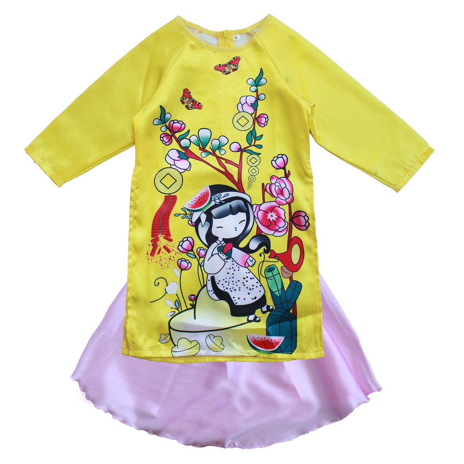 Set áo dài bé gái cách tân in em bé đón Tết vàng hình 1