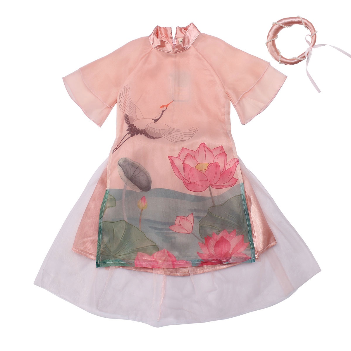 Set áo dài bé gái in hình hoa sen M19D (Hồng)