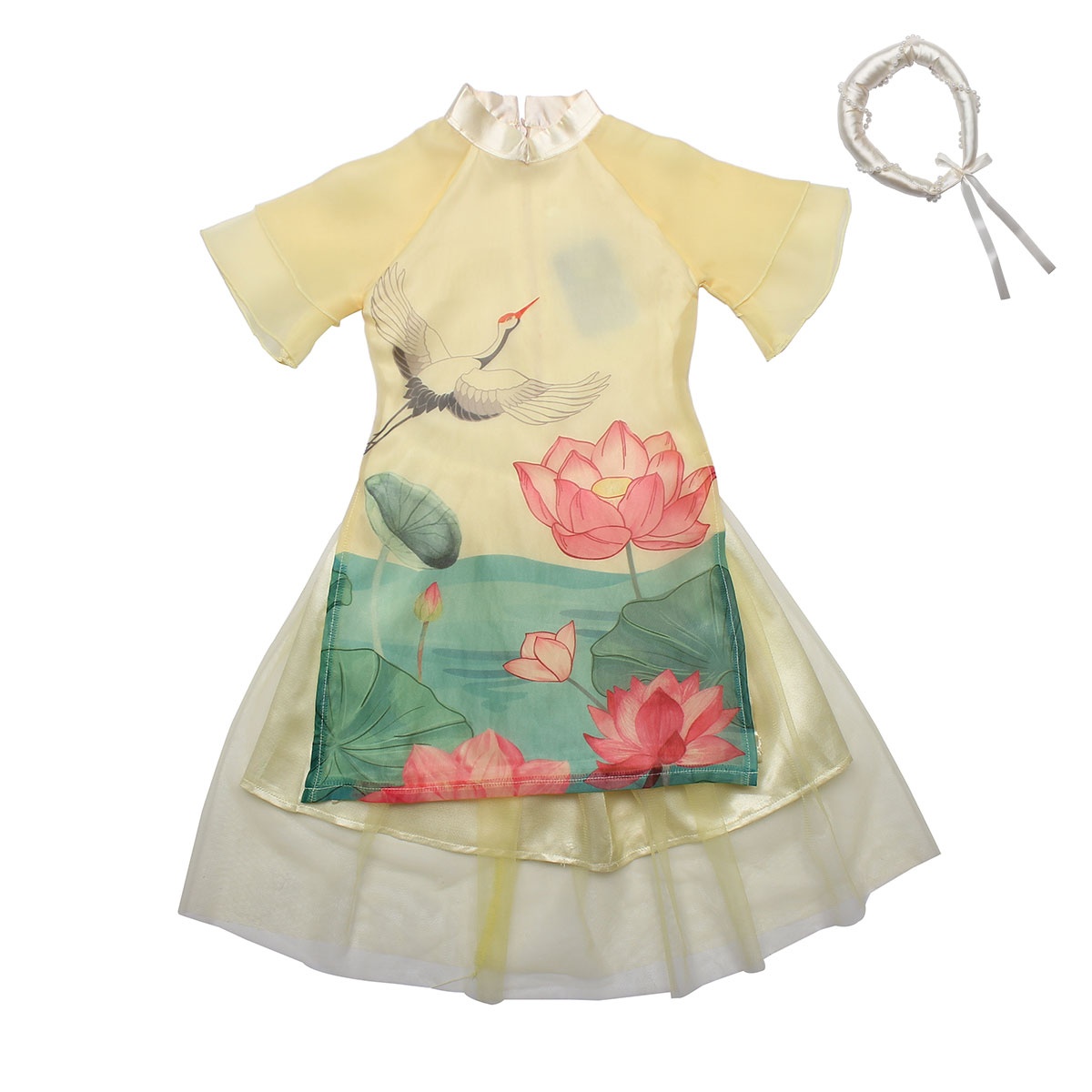 Set áo dài bé gái in hình hoa sen M19D (Vàng)