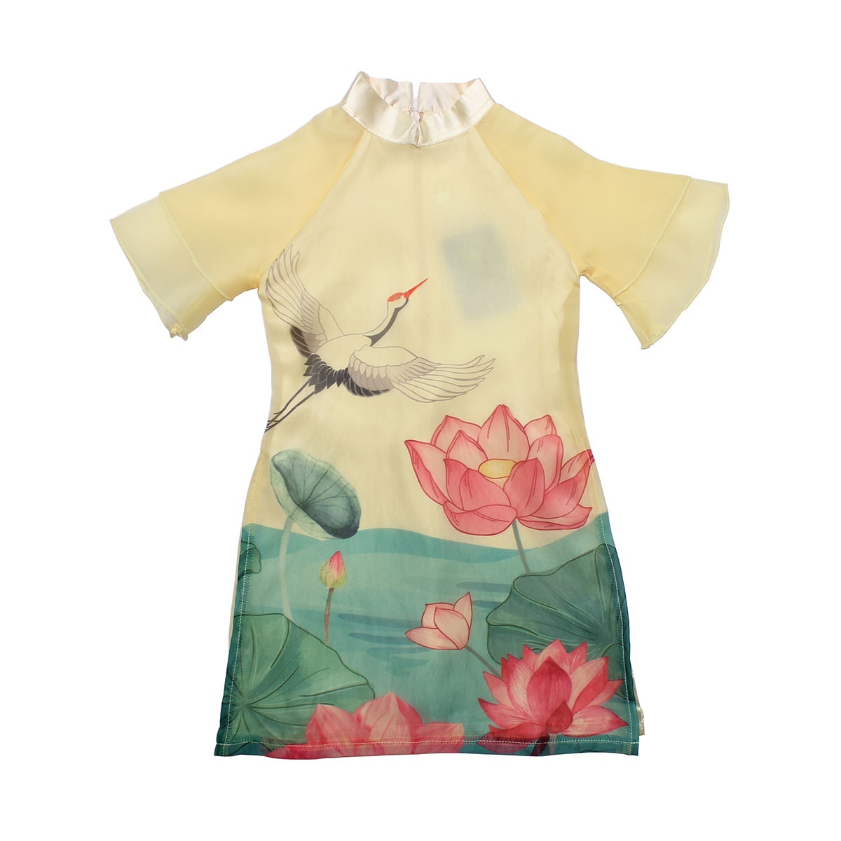 Set áo dài bé gái in hình hoa sen M19D (Vàng)