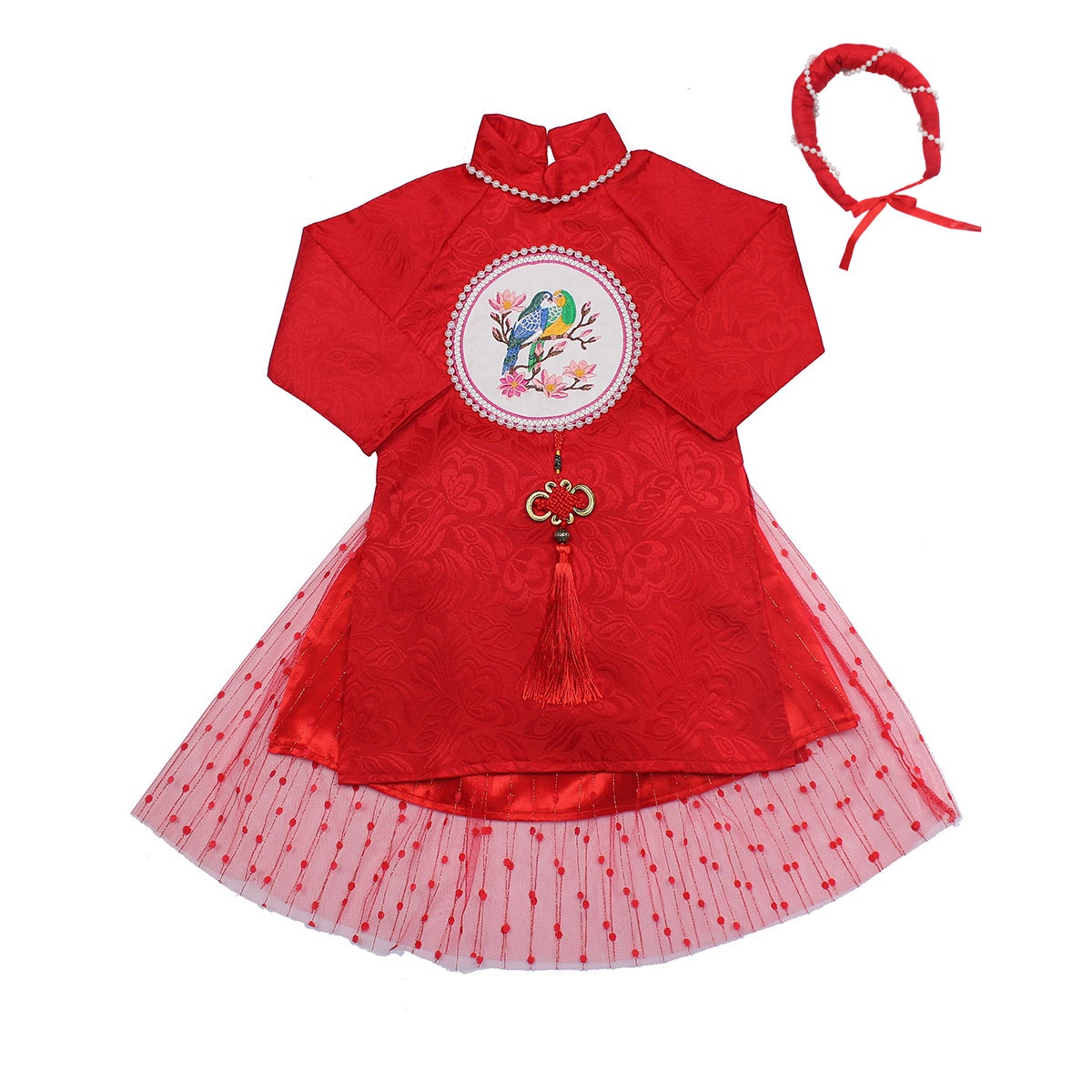 Set áo dài bé gái thêu chim và hoa Mamago M19HN (Đỏ) Set áo dài bé gái thêu chim và hoa Mamago M19HN (Đỏ) hình 1