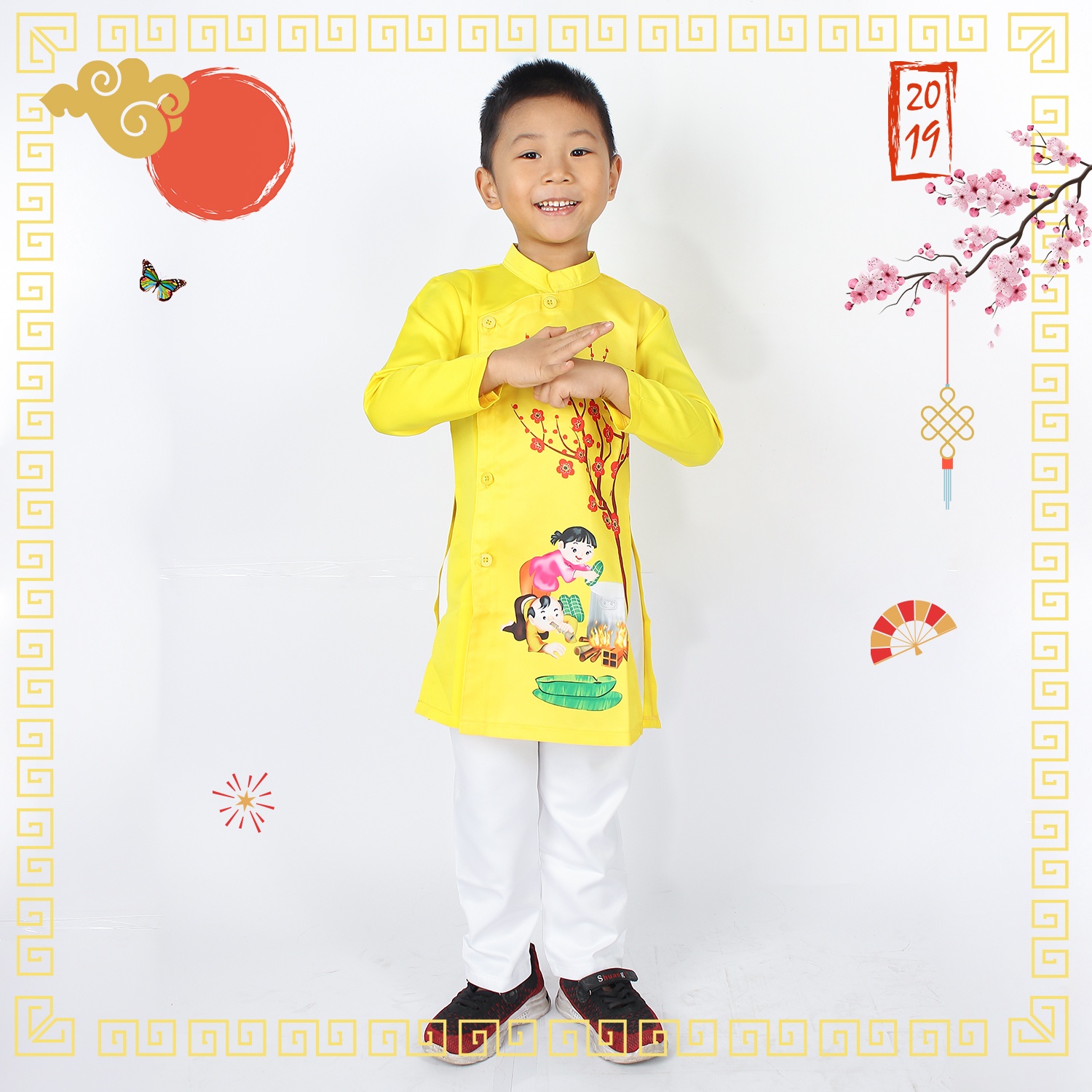 Áo dài tết cách tân bé trai Kiza in hình gói luộc bánh chưng HT18 (Vàng) hình 1