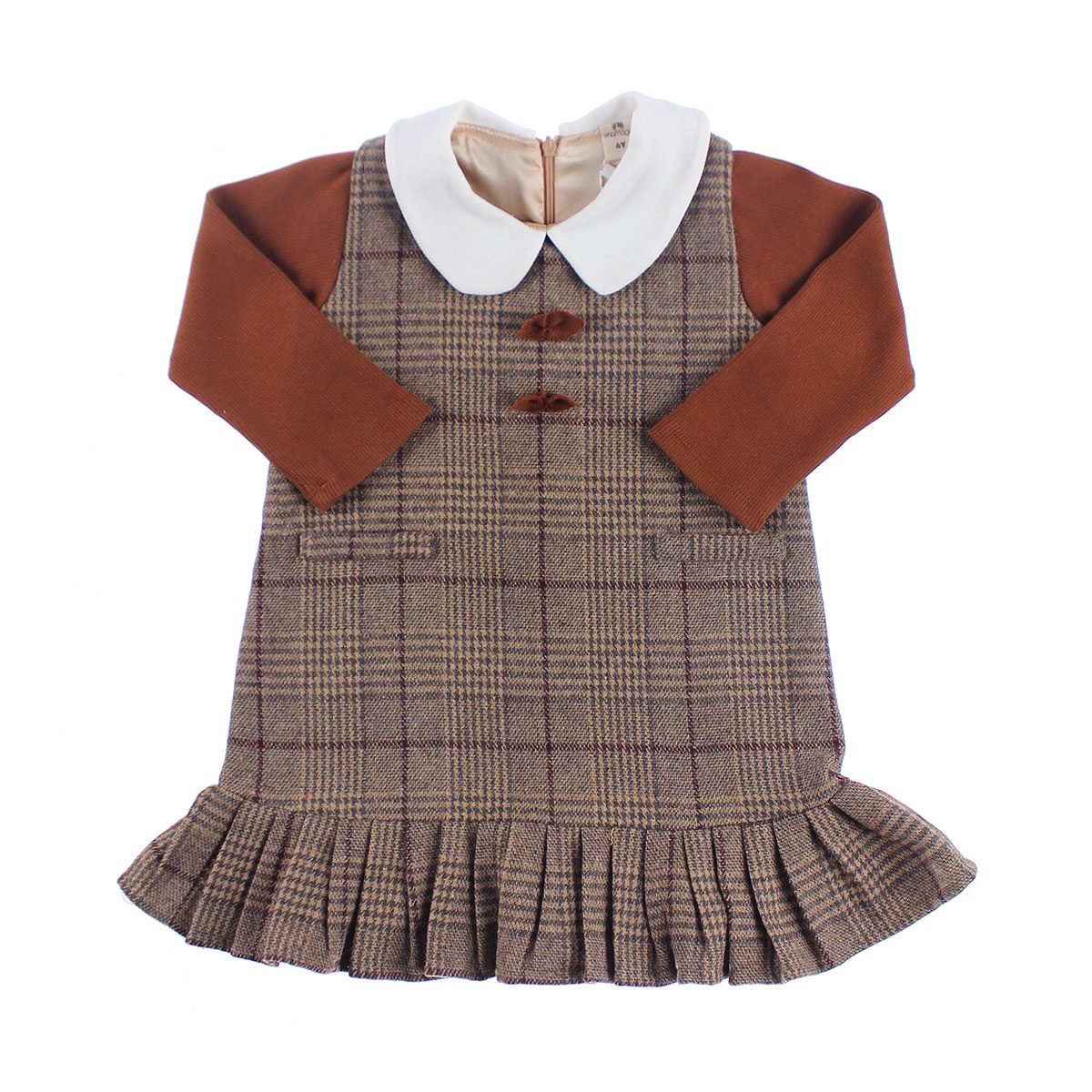 Váy dạ kẻ cho bé gái karo tay len cổ sen Mamago M19D (Nâu) hình 1