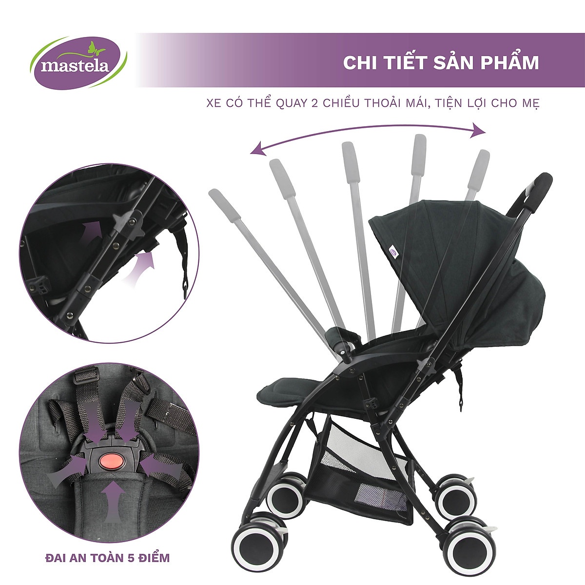 Xe đẩy Mastela Premium T05S siêu nhẹ đẩy 2 chiều tích hợp đai an toàn 5 nút điểm