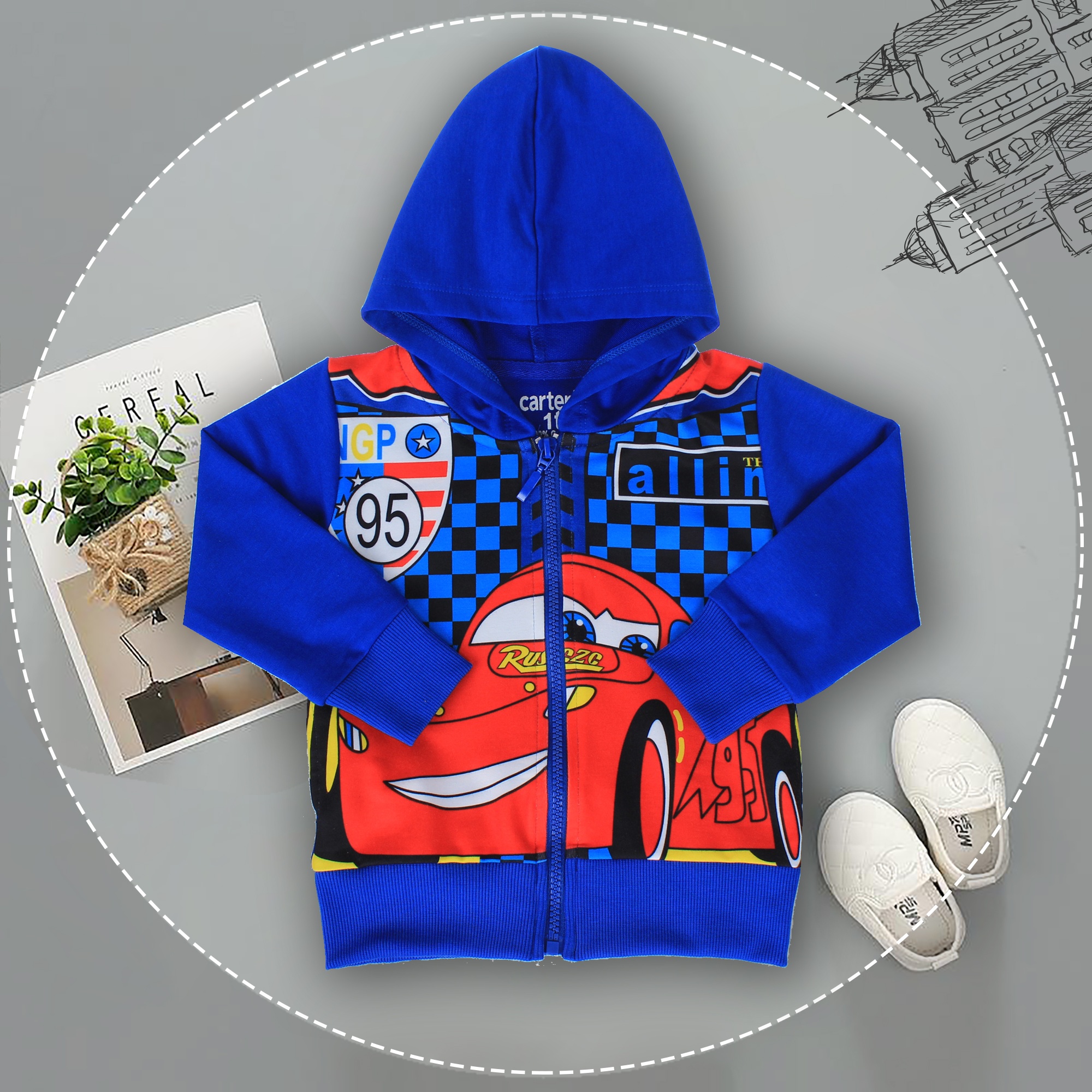 Áo nỉ bé trai khóa kéo có mũ in hình ô tô 3D hình 2