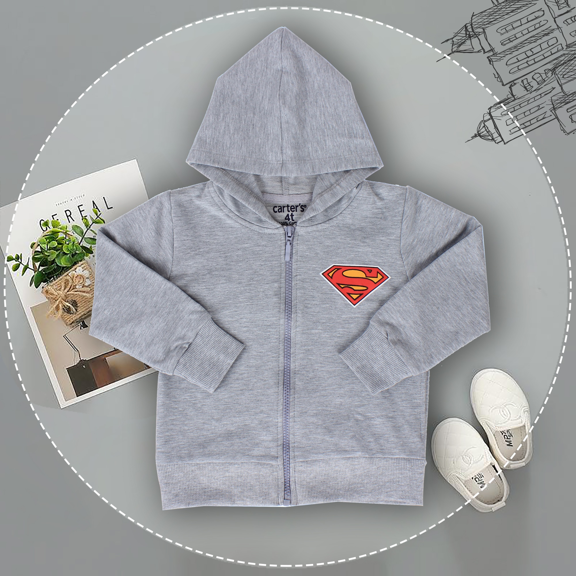 Áo nỉ bé trai khóa kéo có mũ in logo Superman hình 1