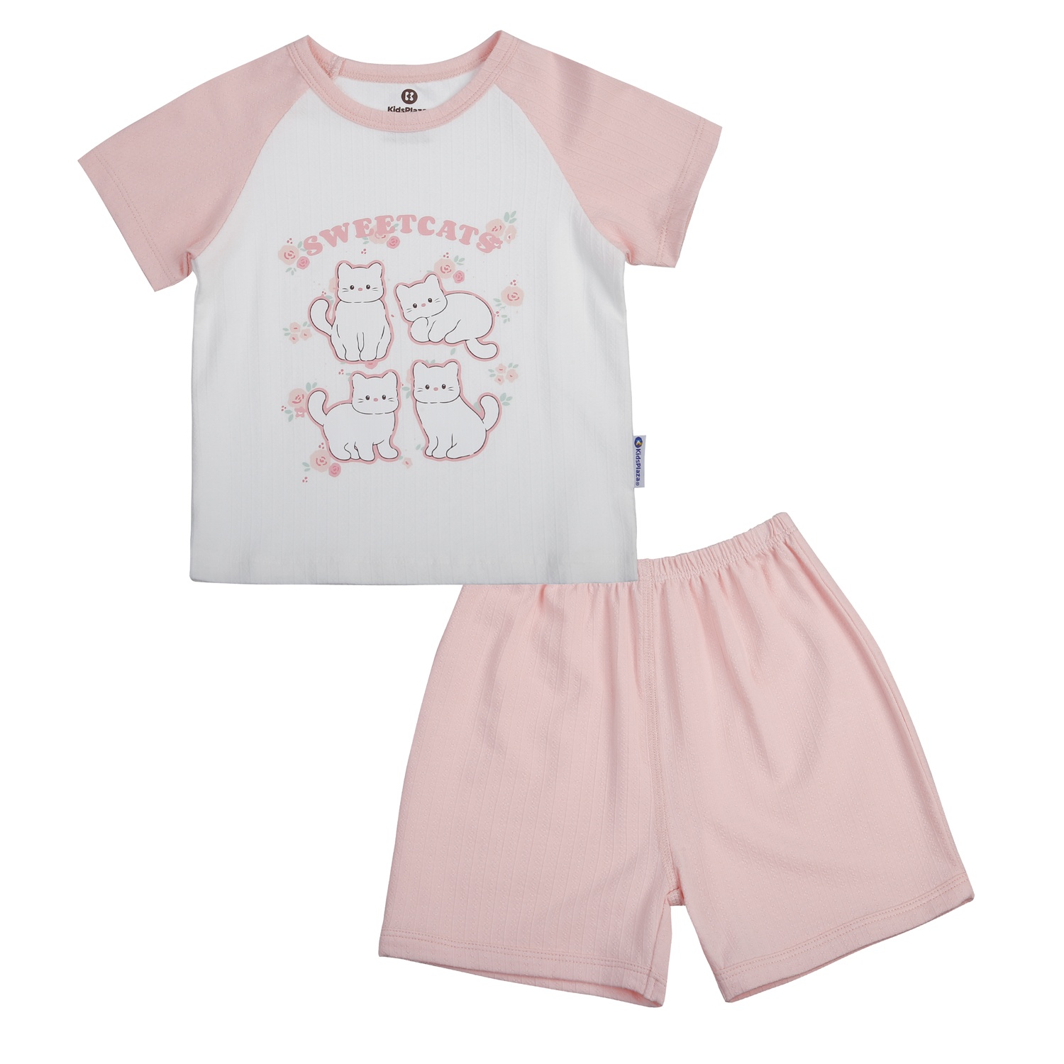 Bộ cộc bé gái KidsPlaza rayon in mèo M25H (Trắng Hồng) hình 1