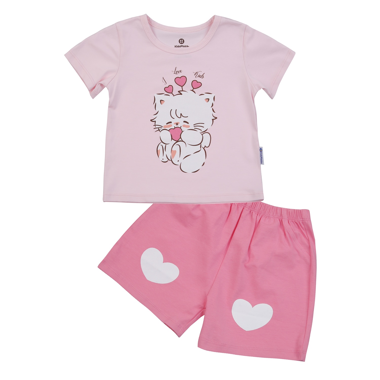 Bộ quần áo cộc tay bé gái KidsPlaza in hình mèo M25H (Hồng)