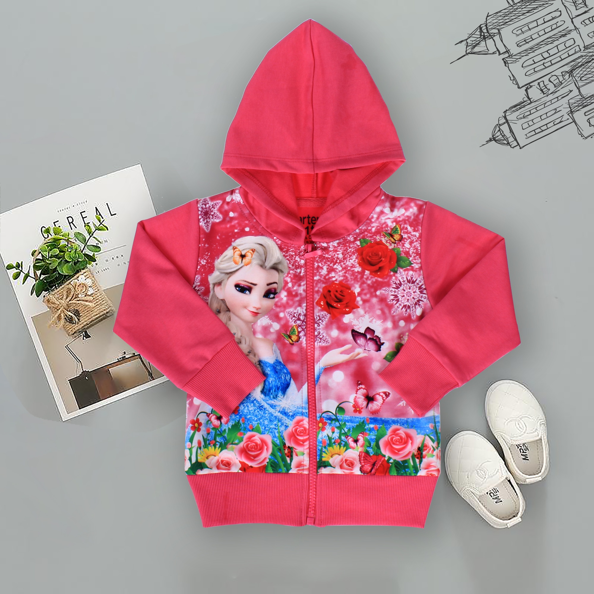 Áo nỉ bé gái khóa kéo có mũ in hình công chúa Elsa  hình 1