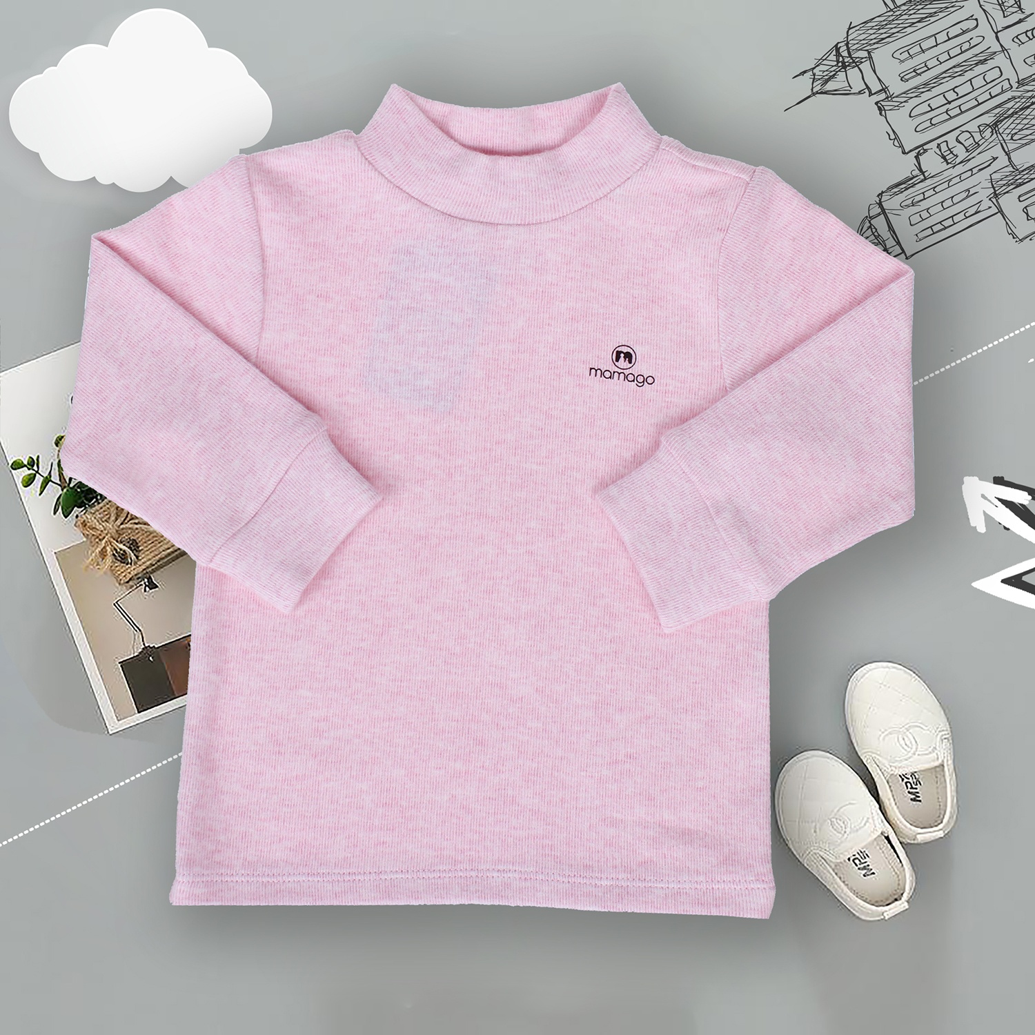 Áo sơ sinh cotton pha nhung cổ 3 phân Mamago (Hồng) hình 1