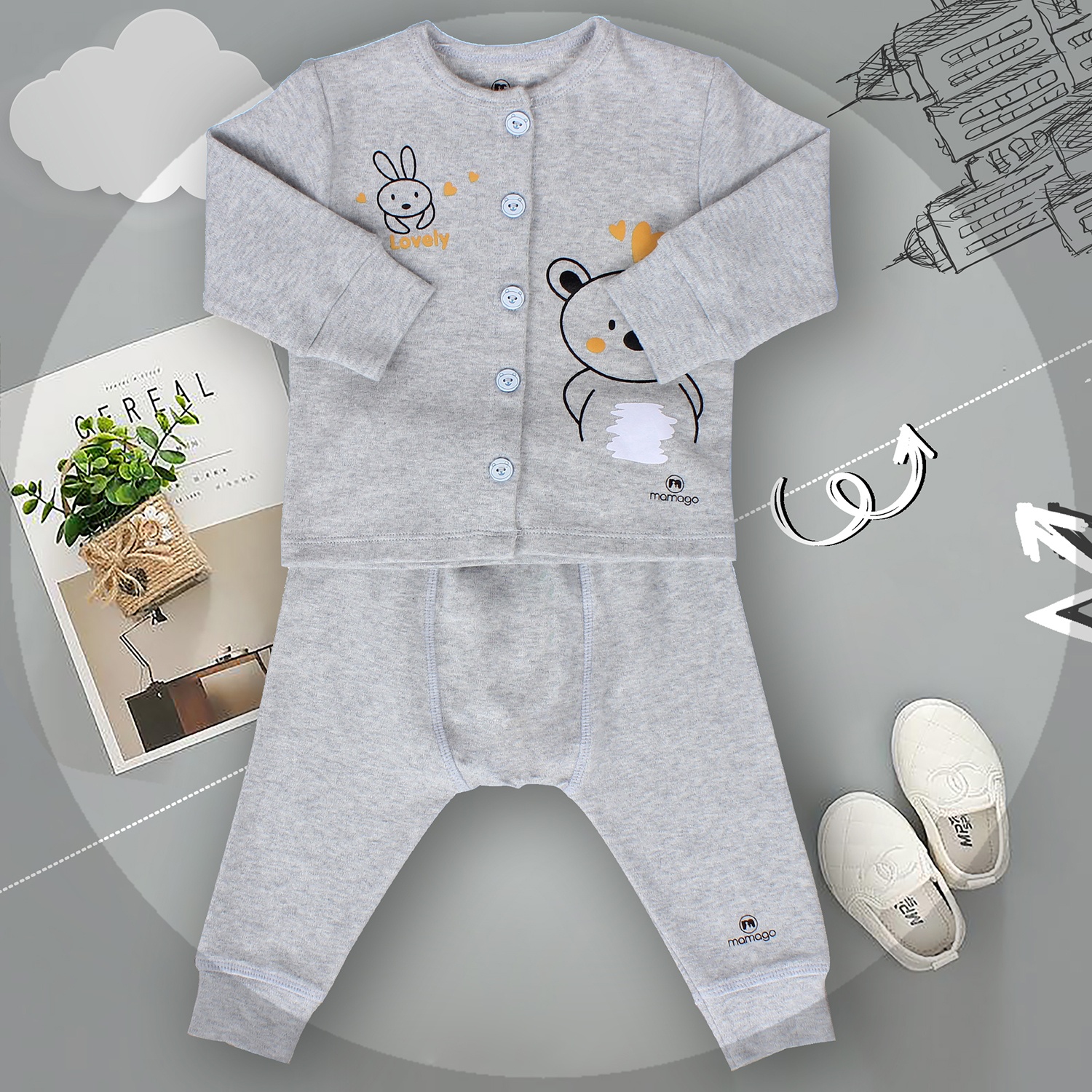 Quần áo sơ sinh Mamago in hình gấu và thỏ (Ghi) hình 1