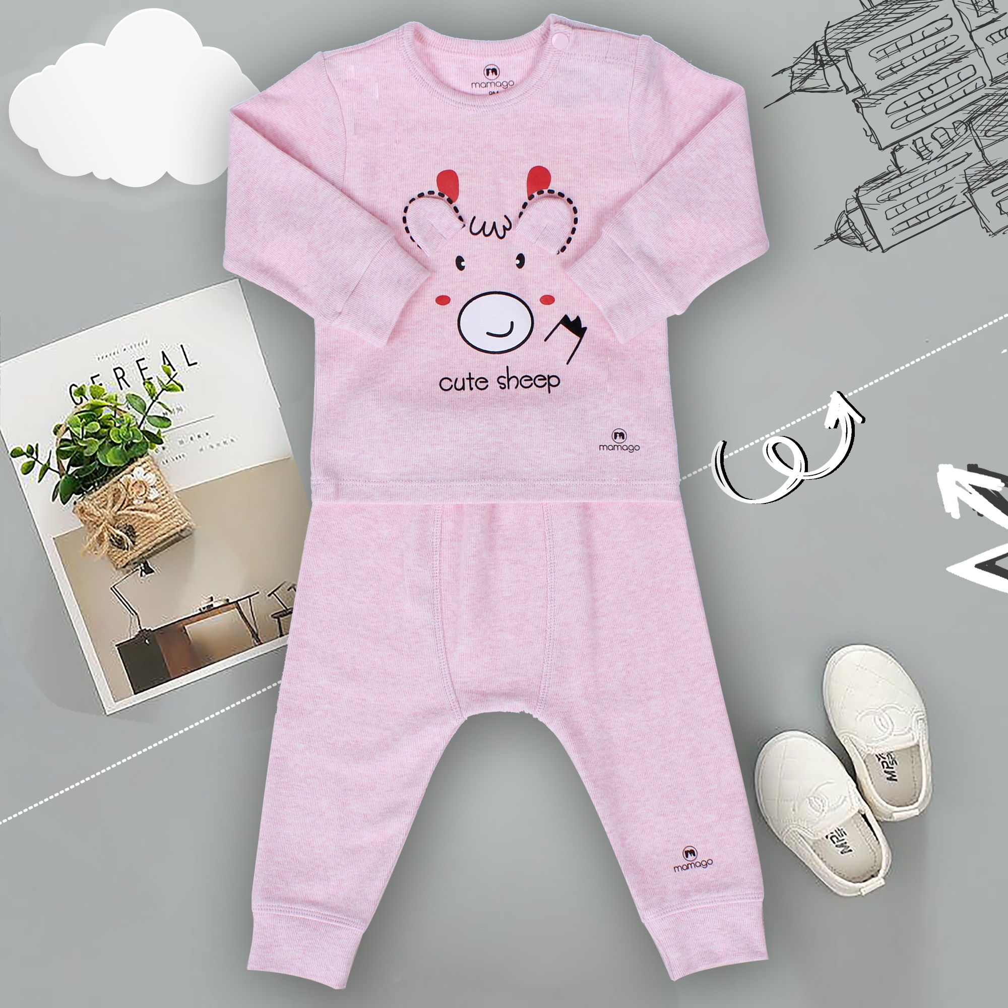 Quần áo sơ sinh Mamago in hình chú cừu 2 tai (hồng) hình 1